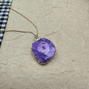 Purple Druzy Slice Pendant Necklace 16” + 2” Extender Gold Tone